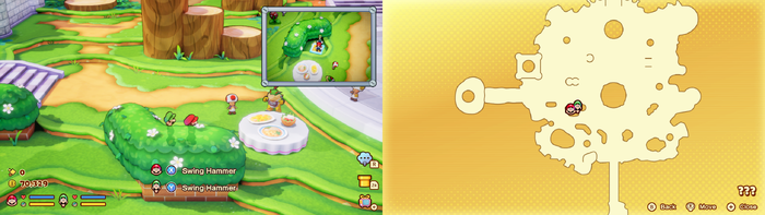 Mario and Luigi near a vent which is only seen on the Lakitu's camera containing 8 Coins in the illusionary Mushroom Kingdom area of Soli-Tree of Mario & Luigi: Brothership.