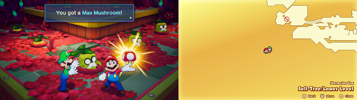 Mario being given a Max Mushroom by a Grampy Turnip in Soli-Tree of Mario & Luigi: Brothership.