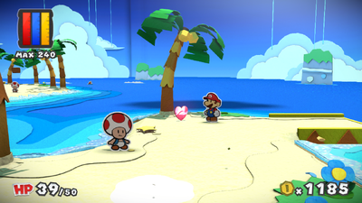 Mario near a Heart in Bloo Bay Beach of Paper Mario: Color Splash.