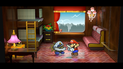 Mario finding the Threatening Note in Cabin 005 on Excess Express of Paper Mario: The Thousand-Year Door for Nintendo Switch.