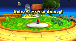 Mario on the starting planet of Good Egg Galaxy in Super Mario Galaxy