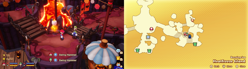 Mario and Luigi near a Sprite Bulb Nest on Heatfreeze Island of Mario & Luigi: Brothership.
