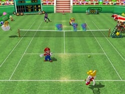 Mario, Koopa Paratroopa, Wario and Waluigi in a match in Peach Dome Grass Court, from Mario Power Tennis