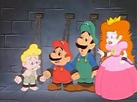 Mario, Luigi, Princess Toadstool and Oogtar the Caveboy trapped in Wizenheimer's Castle.