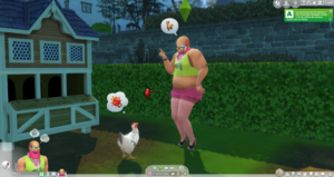 This grotesque abomination of a Sim is called "Wario's Friend" or "Weef" for short. He is the bane of existence for pretty much every Sim in this game, as he delights in insulting others and fighting them. Including this chicken, who really wants to beat him up.