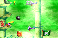 Dixie Kong throws a kannonball at a Flitter in the second Bonus Level of Slime Climb in the Game Boy Advance version