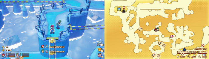Mario and Luigi near 5 Coins on Slippenglide Island of Mario & Luigi: Brothership.