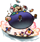 Artwork of Mario & Luigi using Snack Basket against some Goombules.