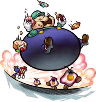 Artwork of Mario & Luigi using Snack Basket against some Goombules.