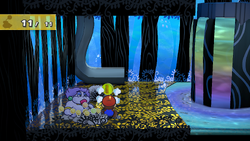 Mario getting a Coin from a bush in The Great Tree of Paper Mario: The Thousand-Year Door for Nintendo Switch.