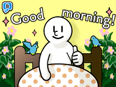 Unspecified person sitting up in bed with birds nearby, from the various Alarm Clock (souvenir) in WarioWare Gold.
