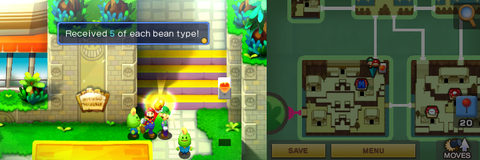 Mario getting 5 Chuckle Beans, 5 Hee Beans, 5 Hoo Beans and 5 Woo Beans from a young beanish dude found between Starbeans Cafe and stairs in the town part of Beanbean Castle of Mario & Luigi: Superstar Saga + Bowser's Minions.