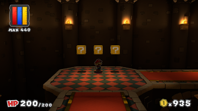 First three ? Blocks in Black Bowser's Castle of Paper Mario: Color Splash.