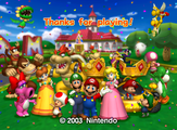 All of the playable characters are celebrating at Mario Circuit.