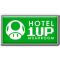 A Hotel 1UP Mushroom badge