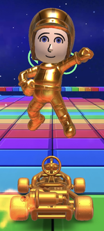 The Gold Mii Racing Suit performing a trick.