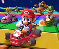 Thumbnail of the Bowser Cup challenge from the Valentine's Tour; a Big Reverse Race challenge set on SNES Rainbow Road (reused as the Baby Luigi Cup's bonus challenge in the 2022 Halloween Tour)