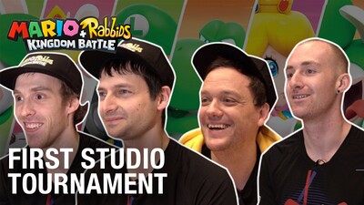 The four players of the first Studio Tournament in the Mario + Rabbids Kingdom Battle Community Competition, as seen in a spotlight video uploaded by Ubisoft to YouTube. Pictured, from left to right: Perry-David, Mozsi, Rik, and Anthony.On Ubisoft's Rabbid-centric social media channels, this image was posted alongside the following text:Meet the brave heroes that made it to the finals of the First Season of the #MRKBCompetition and participated in the first Studio Tournament in Paris. Stay tuned for the Summer Games!