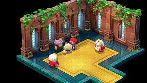 Nimbus man dressed in red and green giving Mario a Flower Jar in Nimbus Land of Super Mario RPG.