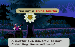 Mario next to the Shine Sprite in Twilight Trail in Paper Mario: The Thousand-Year Door.