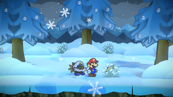 Mario getting the Star Piece in a clump of grass in Path to Fahr Outpost in the remake of the Paper Mario: The Thousand-Year Door for the Nintendo Switch.