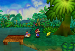 Mario finding a Star Piece on an island in Jade Jungle in Paper Mario