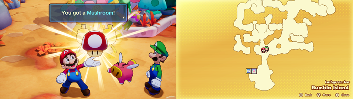 Mario getting a Mushroom from a Concordian on Rumbla Island of Mario & Luigi: Brothership.