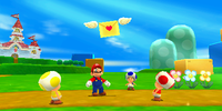 Mario, Yellow Toad, Blue Toad and Red Toad stare at a flying letter.