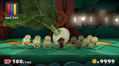 Mario near the Turnip Thing in Sacred Forest of Paper Mario: Color Splash.