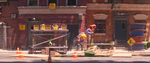 Mario and Luigi running through a construction site resembling World 1-1 from Super Mario Bros.