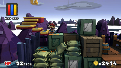 Mario in front of the revealed stairs in Violet Passage of Paper Mario: Color Splash.