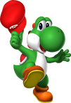 Yoshi holding Mario's Cap artwork from Super Mario 64 DS.