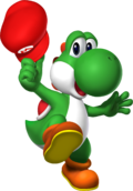 Yoshi holding Mario's Cap artwork from Super Mario 64 DS.