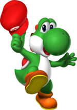 Yoshi holding Mario's Cap artwork from Super Mario 64 DS.