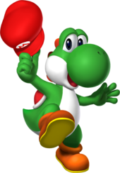 Yoshi holding Mario's Cap artwork from Super Mario 64 DS.