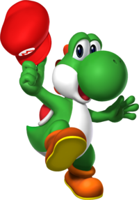 Yoshi holding Mario's Cap artwork from Super Mario 64 DS.