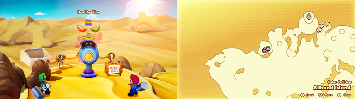 Mario and Luigi being given a Healthy Ring accessory by the Concordia Hammer-Rally machine on Allsand Island of Mario & Luigi: Brothership.