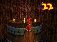 A red Banana Coin and a switch for Diddy Kong in Jungle Japes.