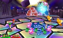 Dreamy Goombas, Dreamy Shy Guys, and Dreamy Bob-ombs during the Dreamy Bowser battle in Mario & Luigi: Dream Team.