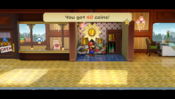 Mario getting 40 Coins from Chef Shimi on Excess Express of Paper Mario: The Thousand-Year Door for Nintendo Switch.