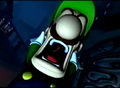 Luigi screaming after being scared by an early blue ghost, having appeared without fear of Luigi's direct eye contact presence.