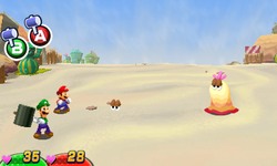 Screenshot of a battle in Dozing Sands from Mario & Luigi: Dream Team