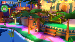 Mario standing near a 10-Coin in Shroom City of The Origami King.