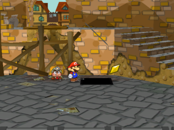 Mario getting the Star Piece under a hidden panel to the left of the stairs in Rogueport's harbor in Paper Mario: The Thousand-Year Door.