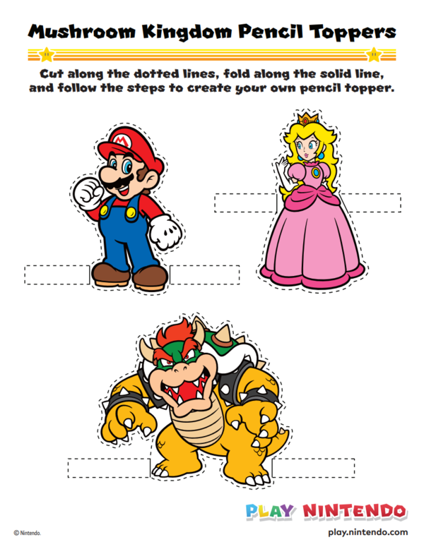 Printable sheet for Mario, Bowser, and Princess Peach pencil toppers