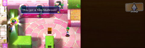 Mario getting a 1-Up Mushroom from a Toad in Peach's Castle of Mario & Luigi: Superstar Saga + Bowser's Minions.