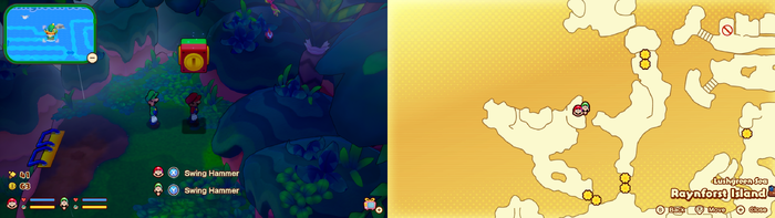 Mario and Luigi under the Coin Competition Block on Raynforst Island of Mario & Luigi: Brothership.