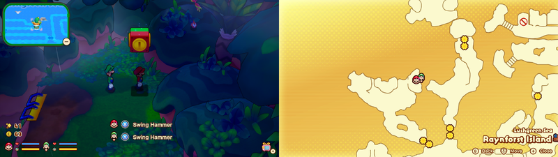 Mario and Luigi under the Coin Competition Block on Raynforst Island of Mario & Luigi: Brothership.