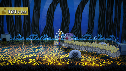 Mario getting a Coin from a bush in The Great Tree of Paper Mario: The Thousand-Year Door for Nintendo Switch.