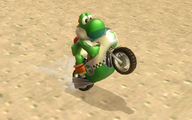 Yoshi performing a wheelie on his Mach Bike